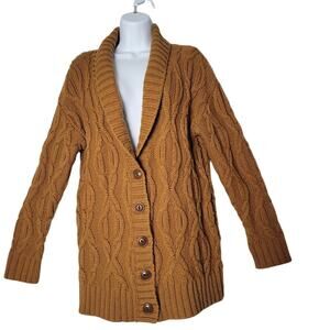 LL Bean Shawl Collar Cable Knit Cardigan Sweater Small Brown Wool Blend Button